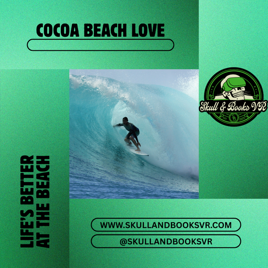 Image Showing Surfer and Skull & Books VR Logo says Cocoa Beach Love and Lifes better at the beach