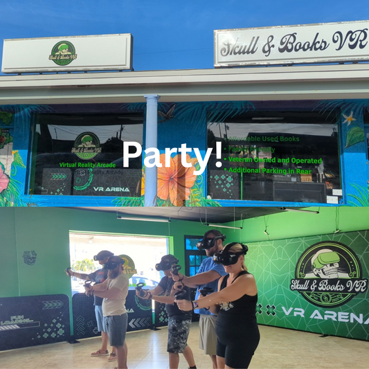Split photo of Skull & books VR outside and people enjoying VR in the arena. Party! is text on the phot.