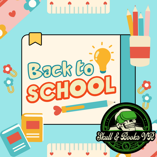Back too School text with Skull & Books VR Logo