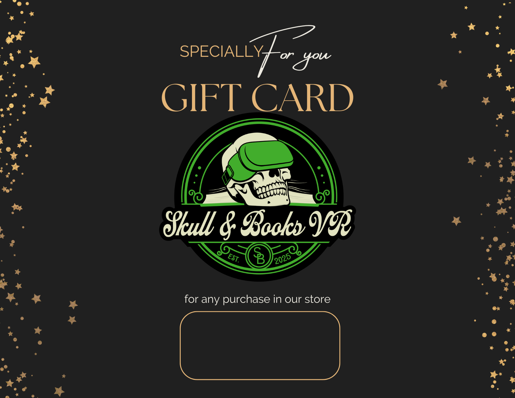 BlackGoldElegantGiftVoucherGiftCertificate with Skull & Books Logo